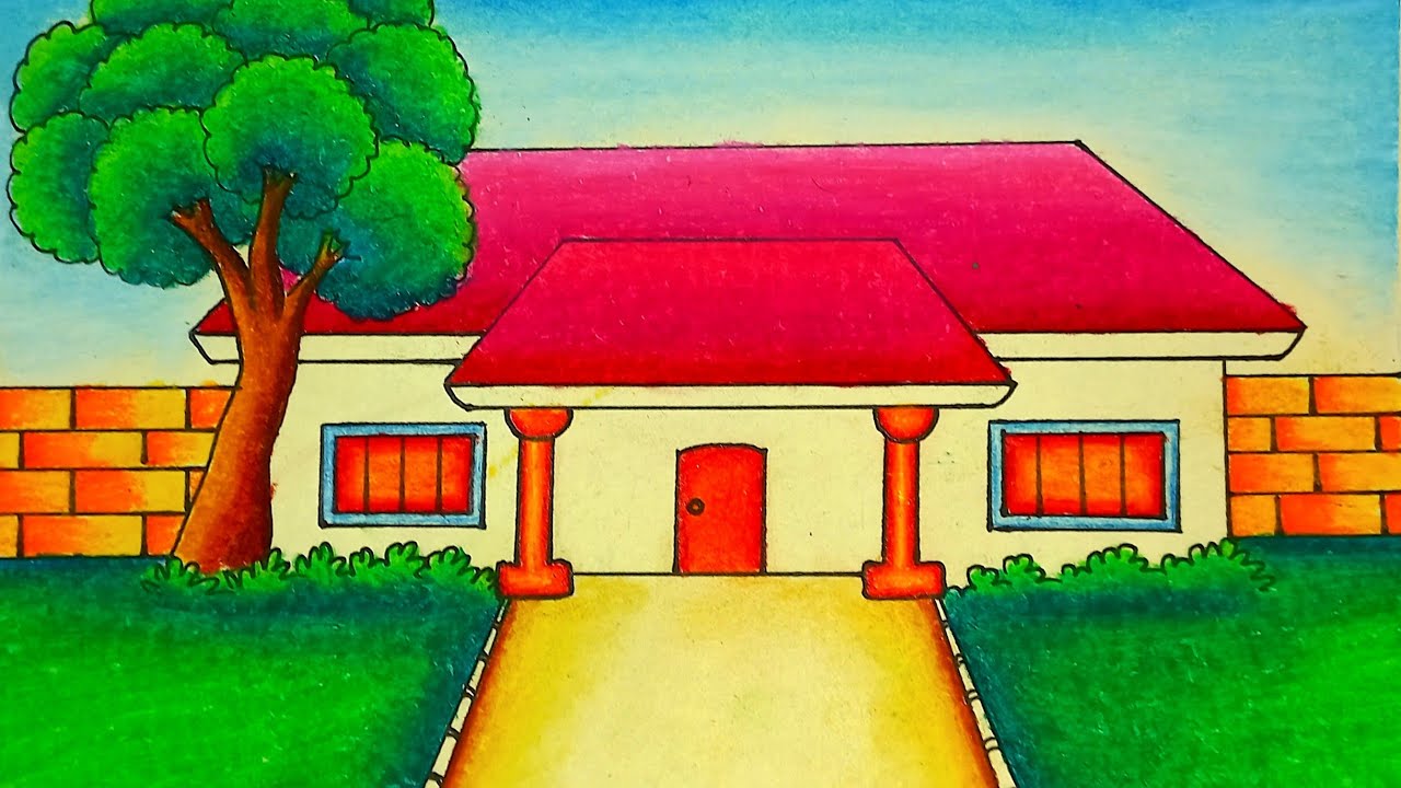 How to draw beautiful village house scenery |  House drawing easy and colour with landscape Drawing