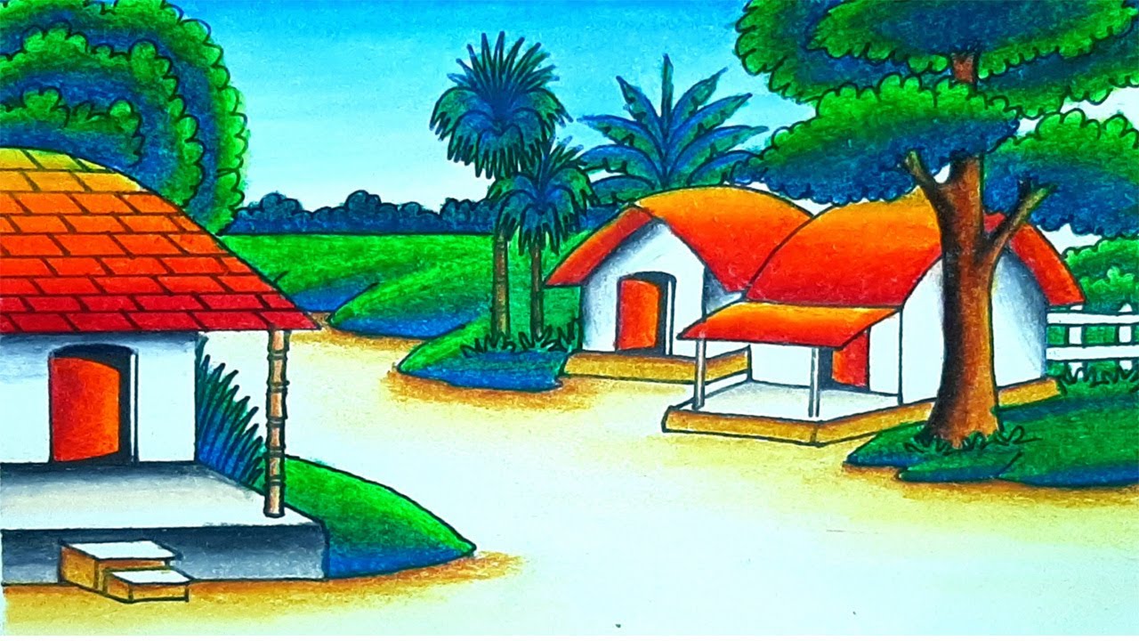 How to draw beautiful village scenery with beautiful nature landscape drawing easy with oil pastel