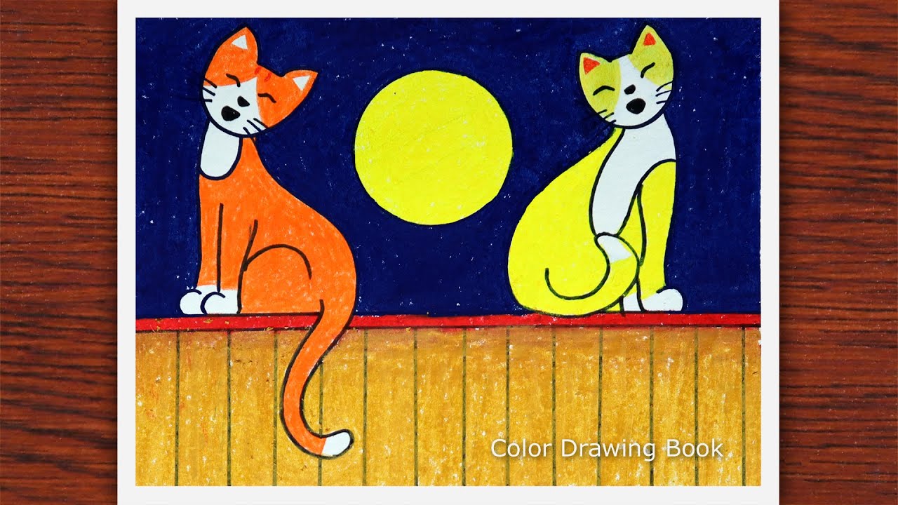 How to draw cats scenery, Easy scenery drawing, moonlight drawing