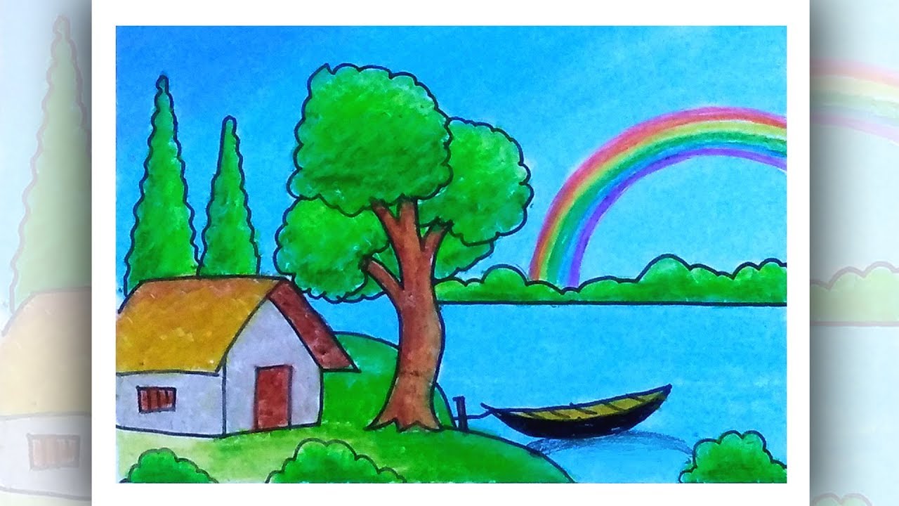 How to draw easy Scenery with oil pastel - Rainbow scenery drawing step by step