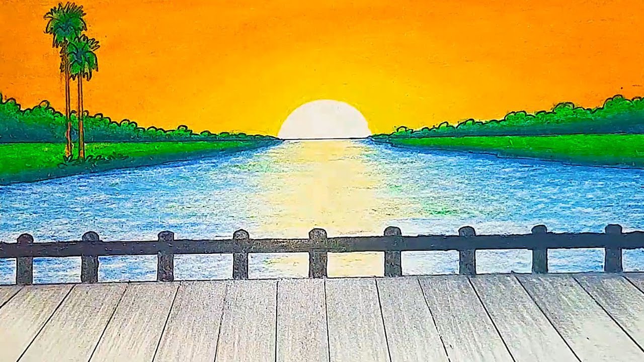 How to draw easy and beautiful sunset scenery drawing with oil pastels