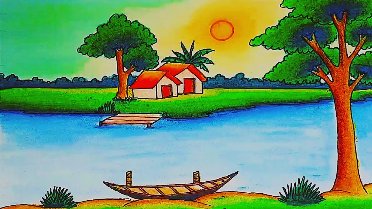 How to draw easy beautiful riverside village | Sunset in the Beach | Easy Sunset Scenery Drawing