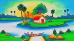 How to draw easy beautiful village near riverside scenery with landscape nature painting