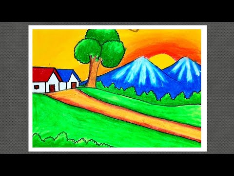 How to draw easy landscape scenery drawing with oil pastel/ sunrise scenery drawing step by step