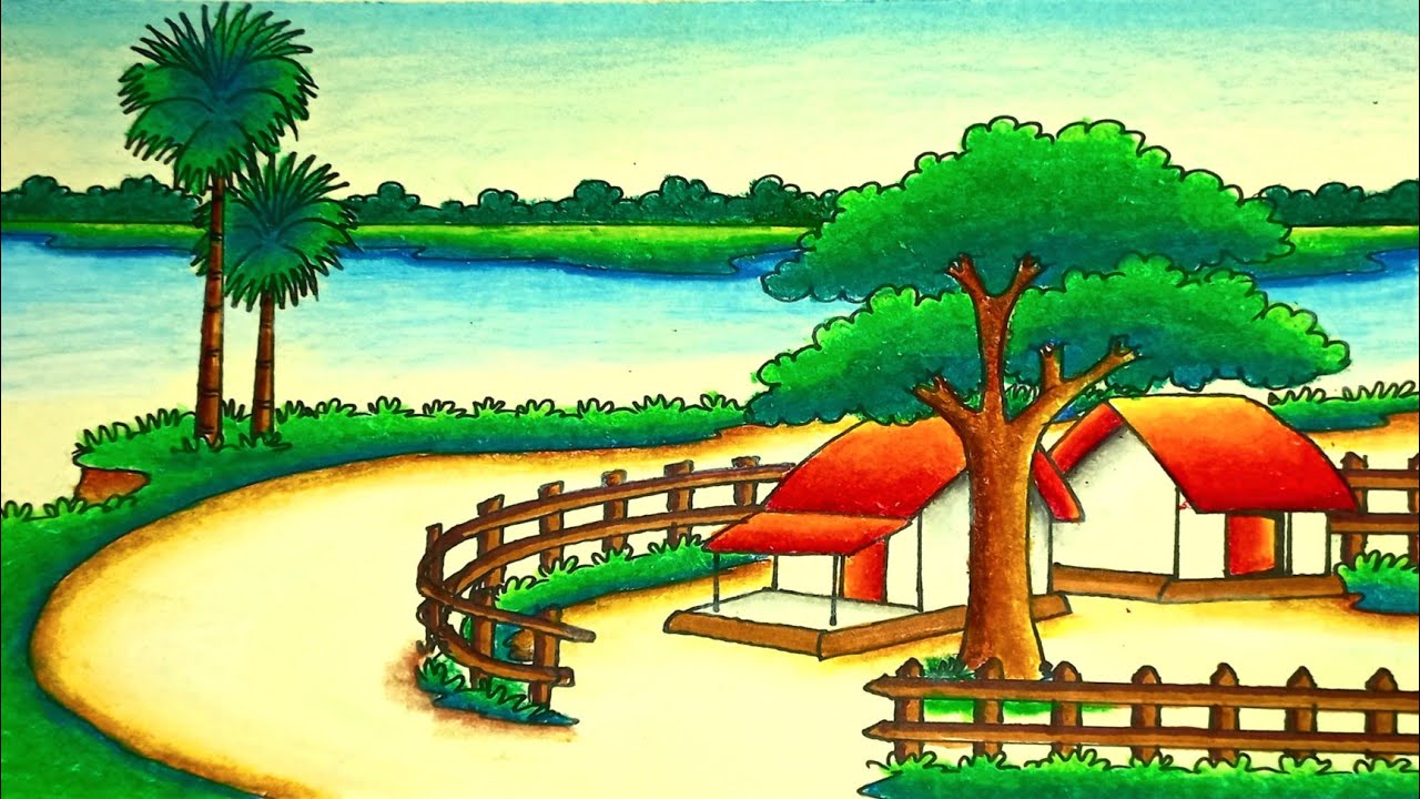 How to draw easy scenery | Drawing beautiful indian village scenery with nature beautiful landscape