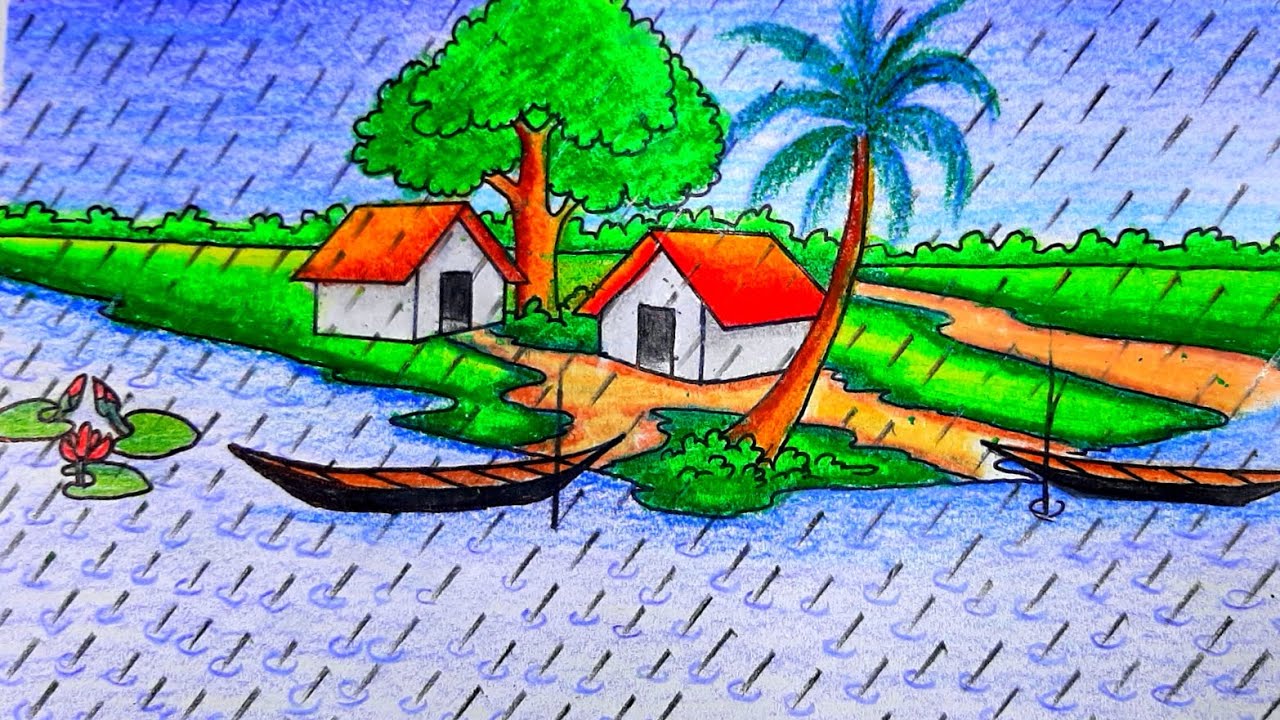 How to draw easy scenery || Riverside village scenery drawing with oil pastel colour drawing