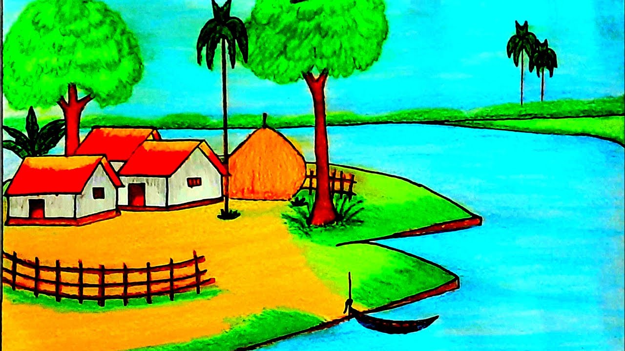 How to draw easy scenery | Scenery drawing with oil pastel colour | learn to draw