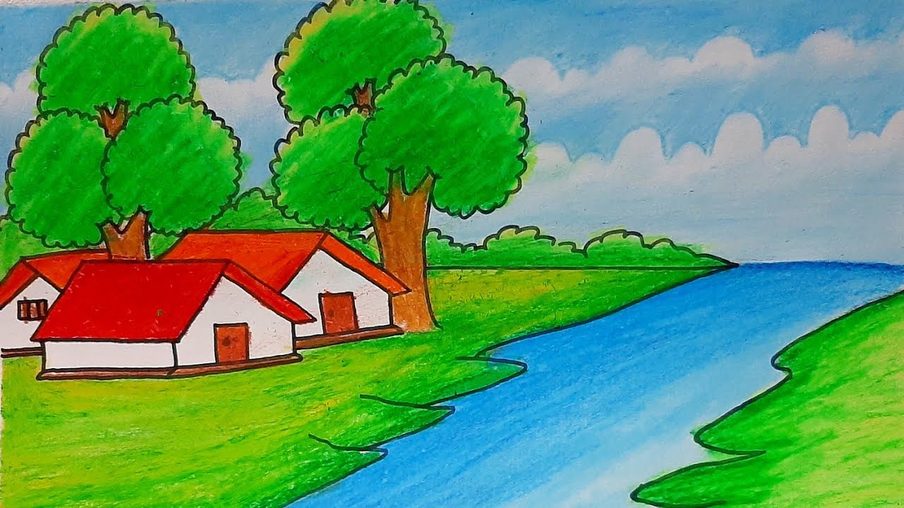 How to draw easy scenery drawing and with village scenery / landscape scenery drawing