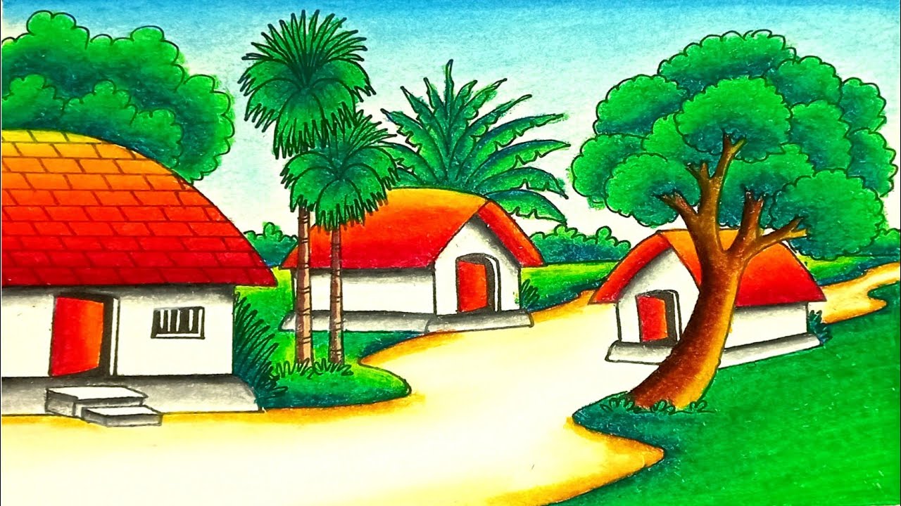 How to draw easy scenery drawing with beautiful natural landscape village scenery with oil pastel