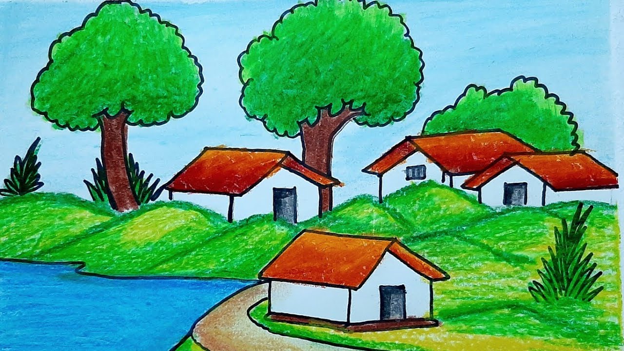How to draw easy scenery || landscape drawing with village scenery drawing