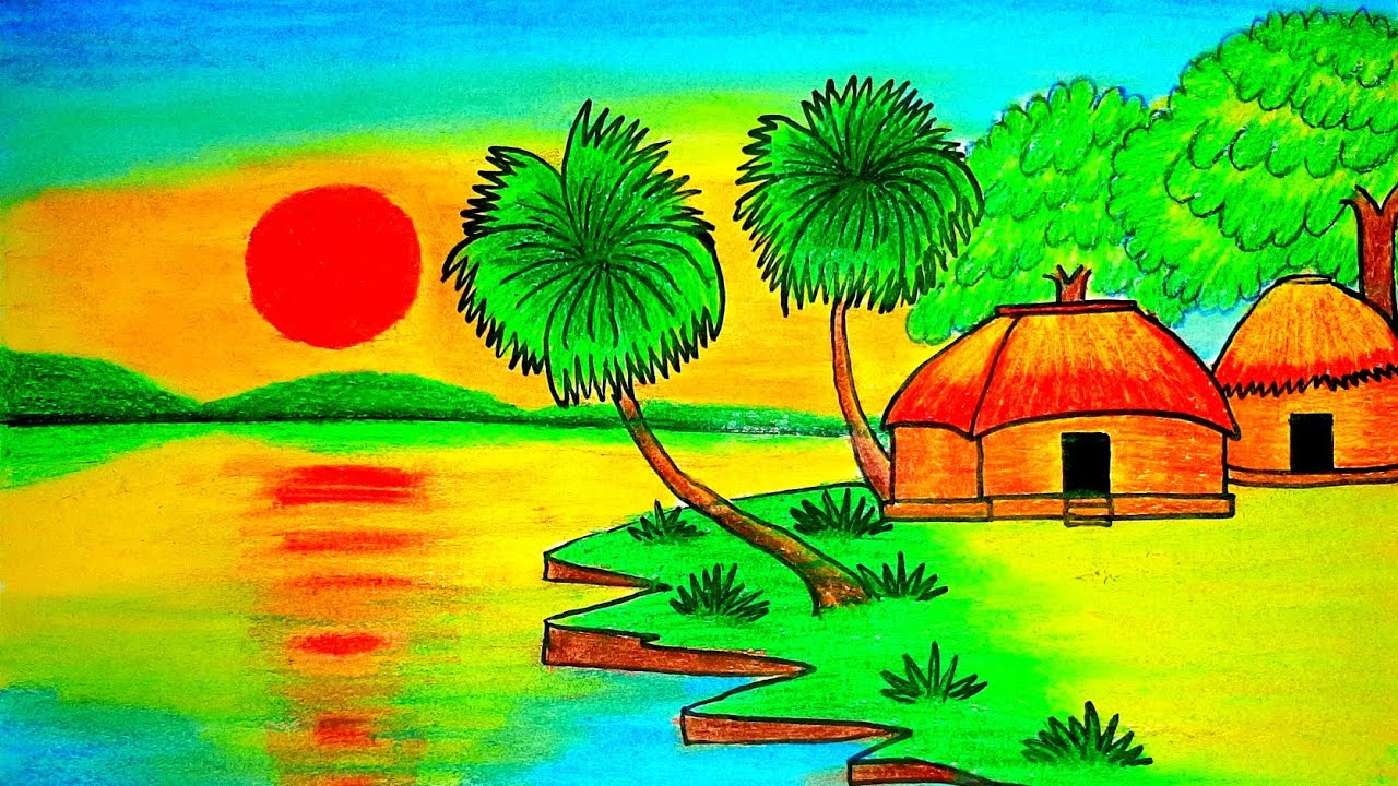 How to draw easy sunset scenery | Landscape drawing | village scenery drawing with oil paste