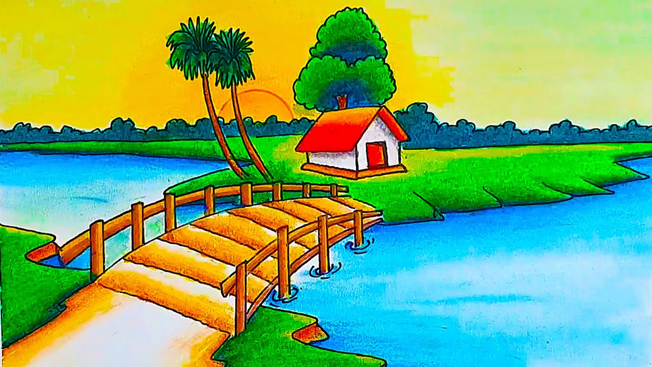 How to draw easy village scenery Drawing riverside village scenery step by step with nature painting
