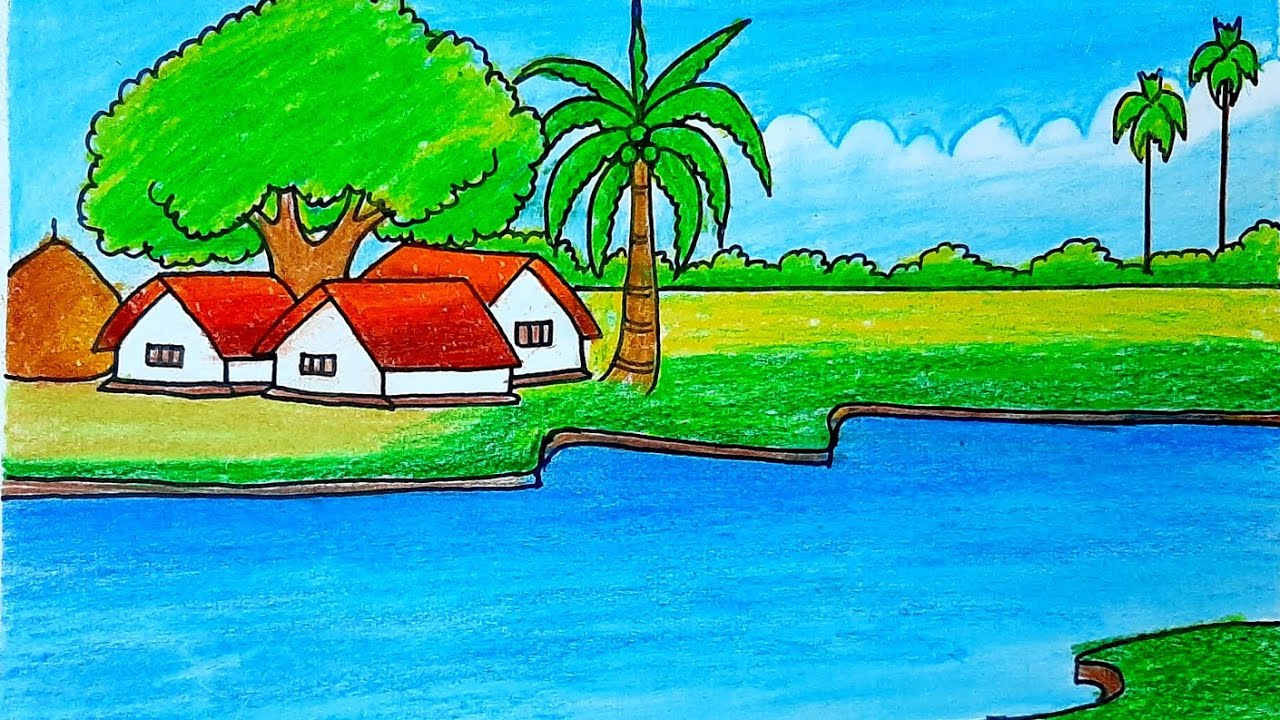 How to draw easy village scenery drawing with oil pastel color