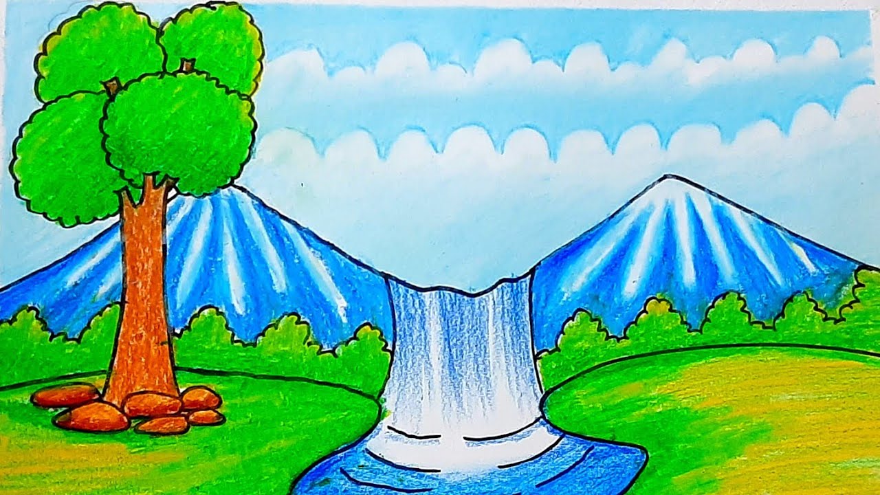 How to draw easy waterfall scenery drawing step by step easy drawing