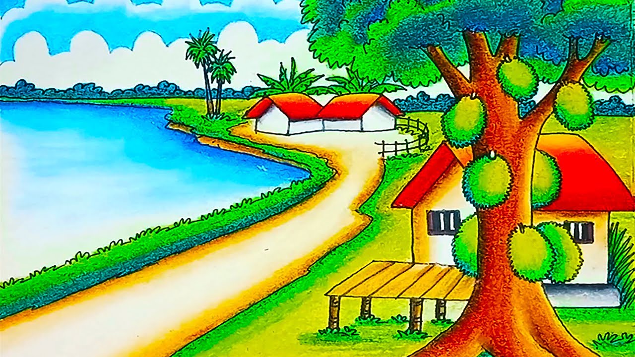 How to draw jack fruit tree drawing Beautiful village scenery with draw landscape nature drawing