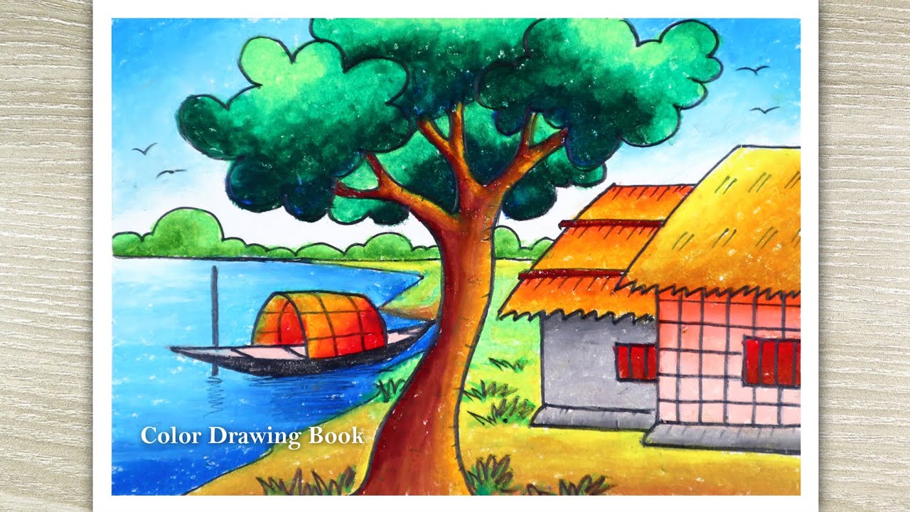 How to draw my Village Scenery with oil pastels step by step
