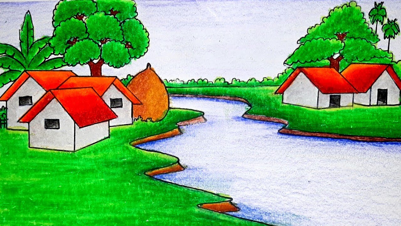 How to draw riverside scenery with beautiful natural village scenery drawing step by step