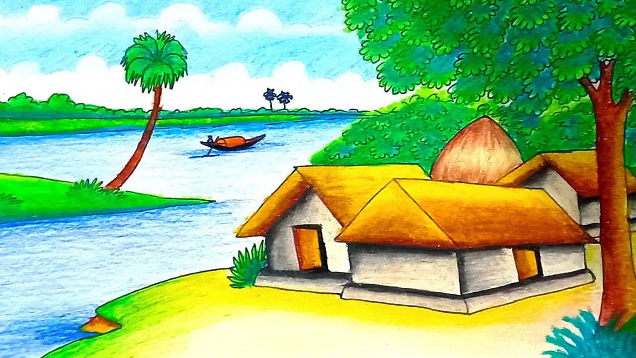 How to draw riverside village scenery step by step | Easy drawing scenery with village nature beauty