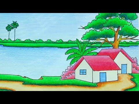 How to draw riverside village scenery.step by step(easy draw ) landscape drawings with color