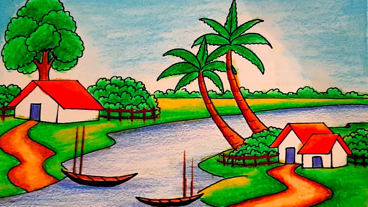 How to draw scenery beautiful village with landscape easy scenery drawing step by step