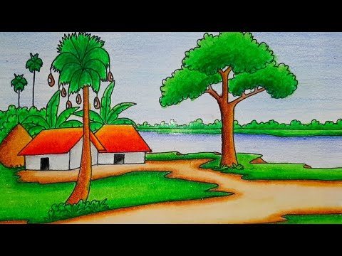 How to draw scenery of beautiful Village oil pastel watercolor Landscape Pencils Sketch_colour