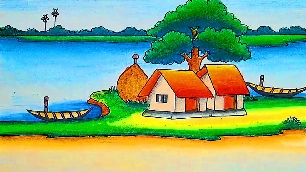 How to draw scenery of beautiful riverside village house drawing | village house scenery drawing