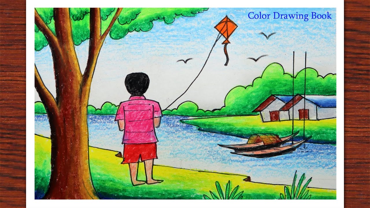 How to draw scenery of kite flying step by step, Makar sankranti drawing