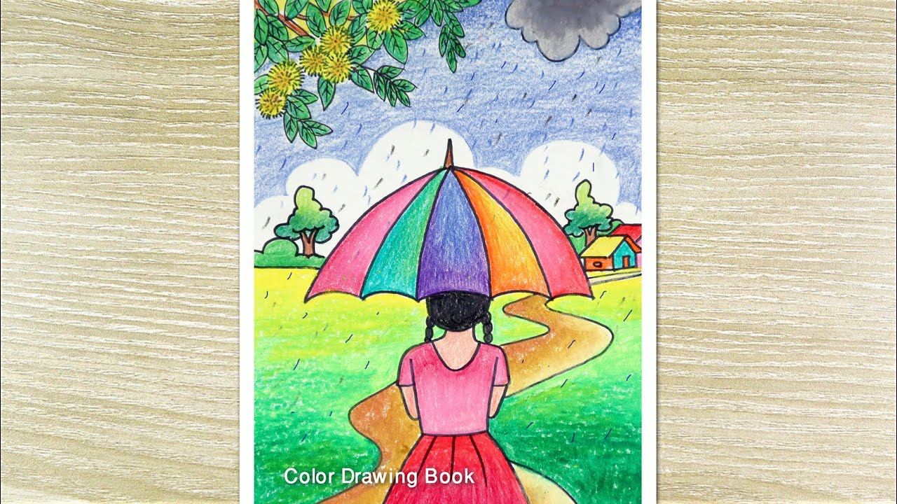 How to draw scenery of rainy season, Village drawing for beginners
