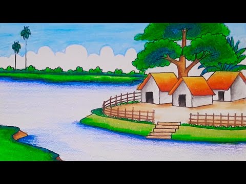How to draw scenery of riverside village step by step with oil pastel drawing