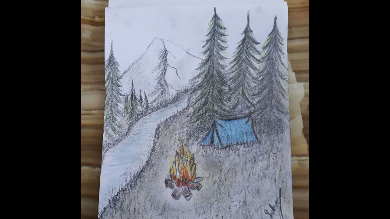How to draw scenery of winter(Easy) / Camping drawing/Kış resmi çizimi / Kamp çadır çizimi