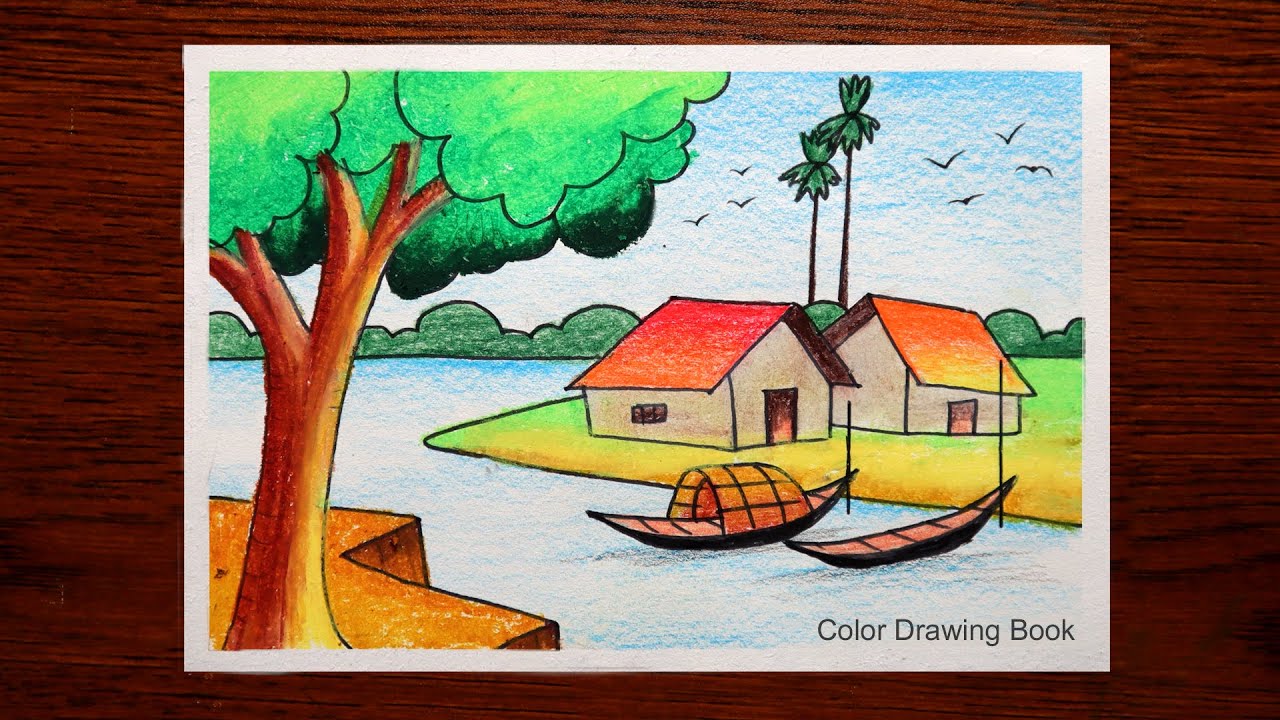 How to draw simple scenery, Village scenery drawing for beginners