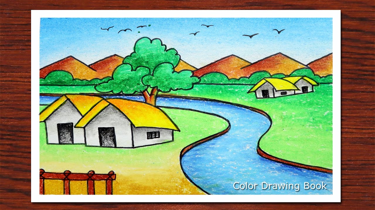 How to draw simple scenery for Beginners  Village scenery drawing