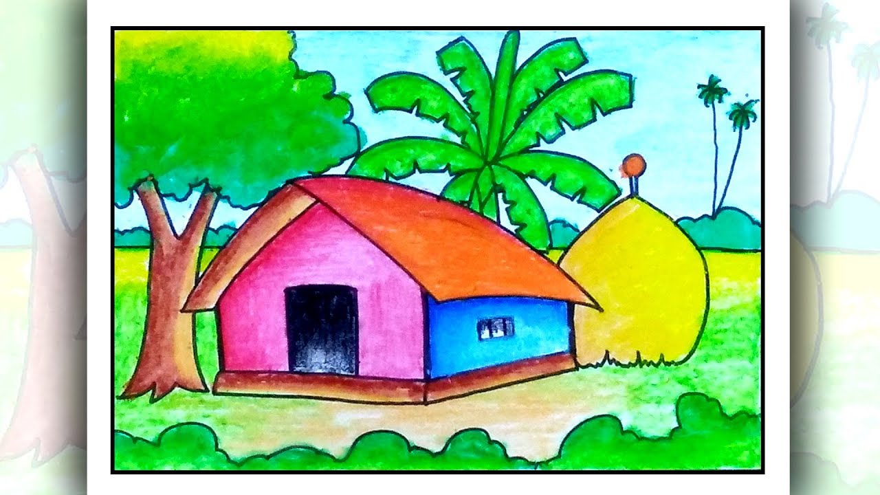 How to draw simple scenery for beginners, Village House Scenery drawing with oil pastel