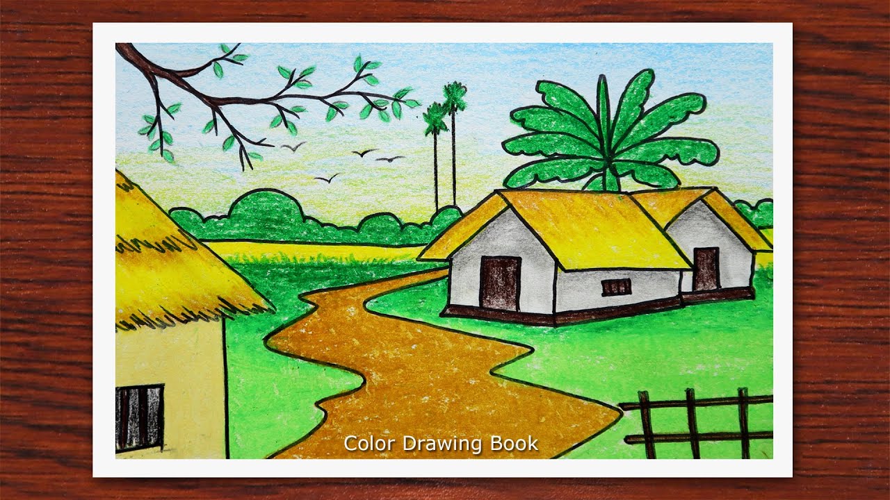 How to draw simple scenery for beginners, Village drawing with oil pastel