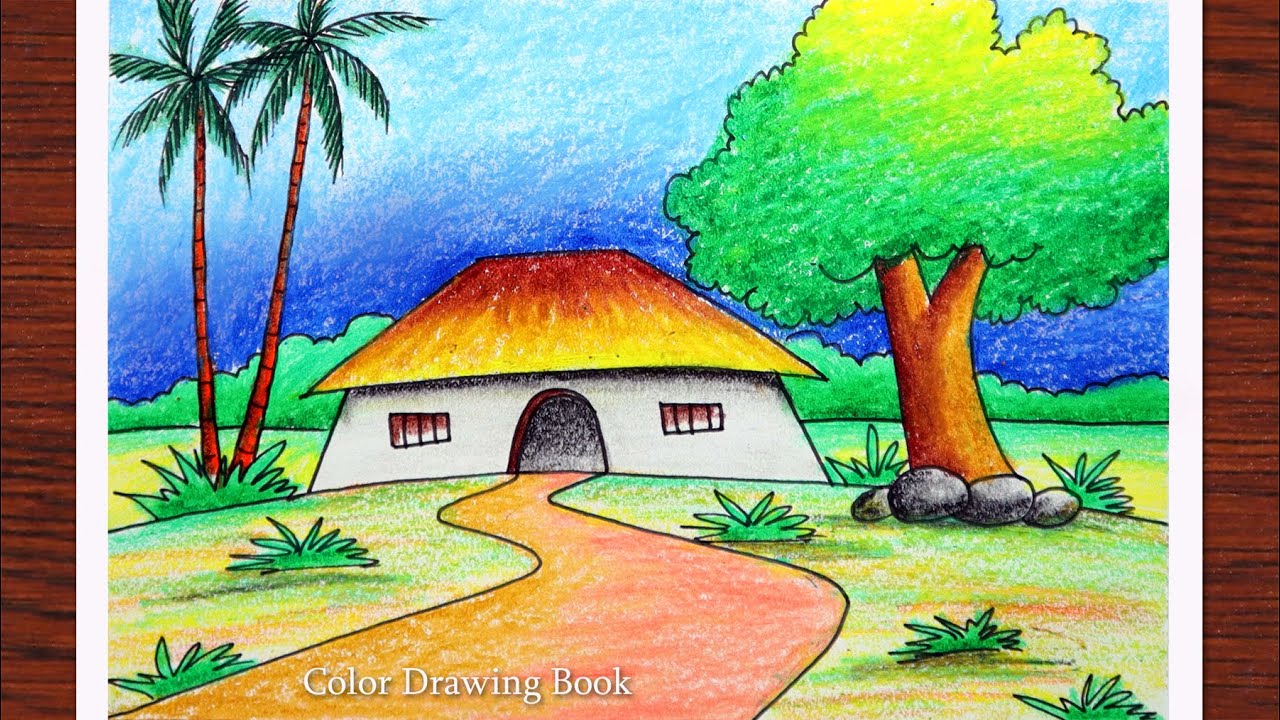 How to draw simple scenery for beginners, Village nature drawing