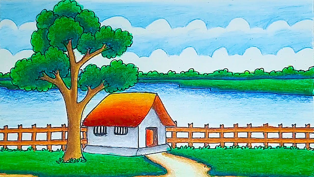 How to draw simple village scenery with nature landscape step by step