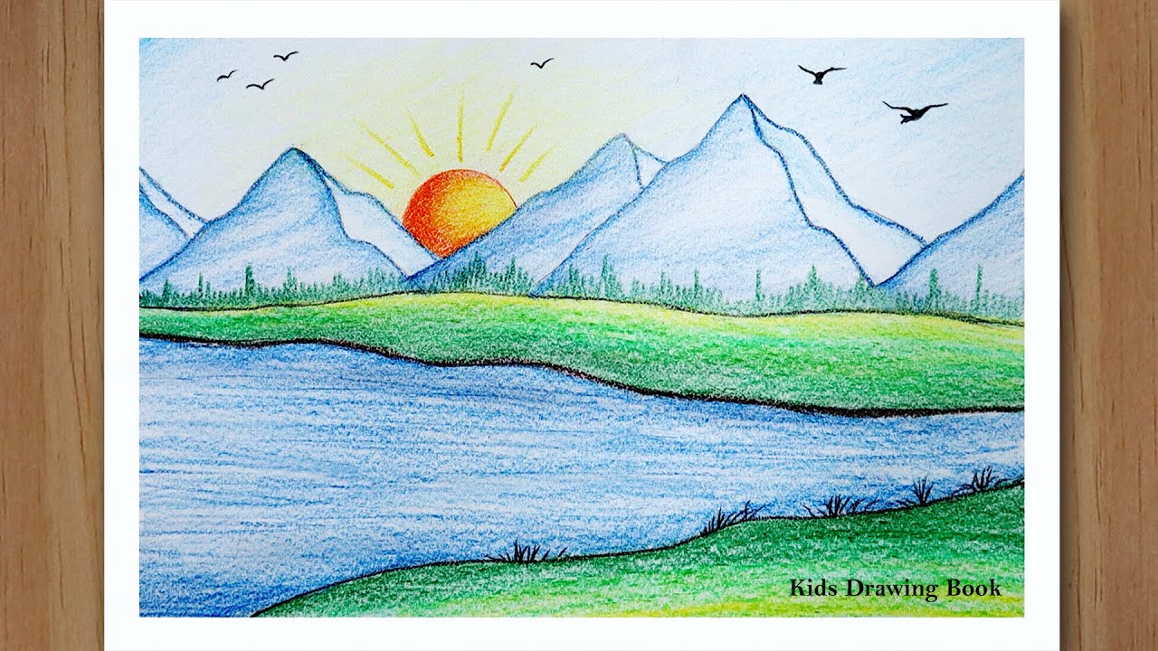 How to draw sunrise with colored pencils step by step - Mountain Scenery Drawing for beginners