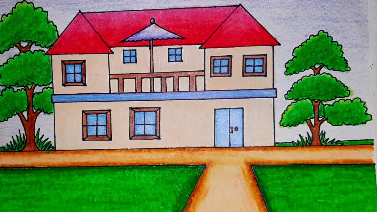 How to draw village house drawing easy srep by step with oil pastel colour village scenery drawing