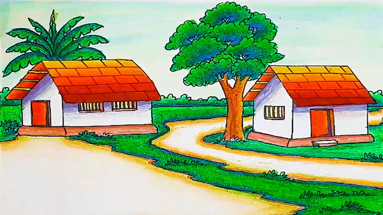 How to draw village house scenery | Indian house drawing | Indian village house drawing easy color