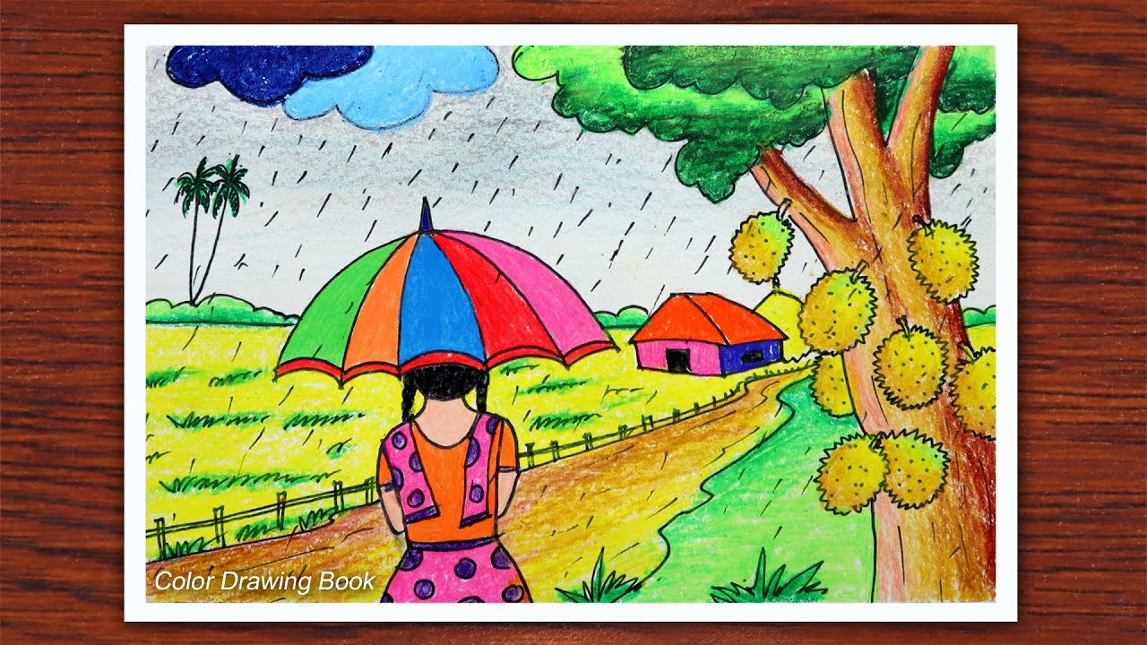 How to draw village rainy day scenery drawing, Rainy season drawing
