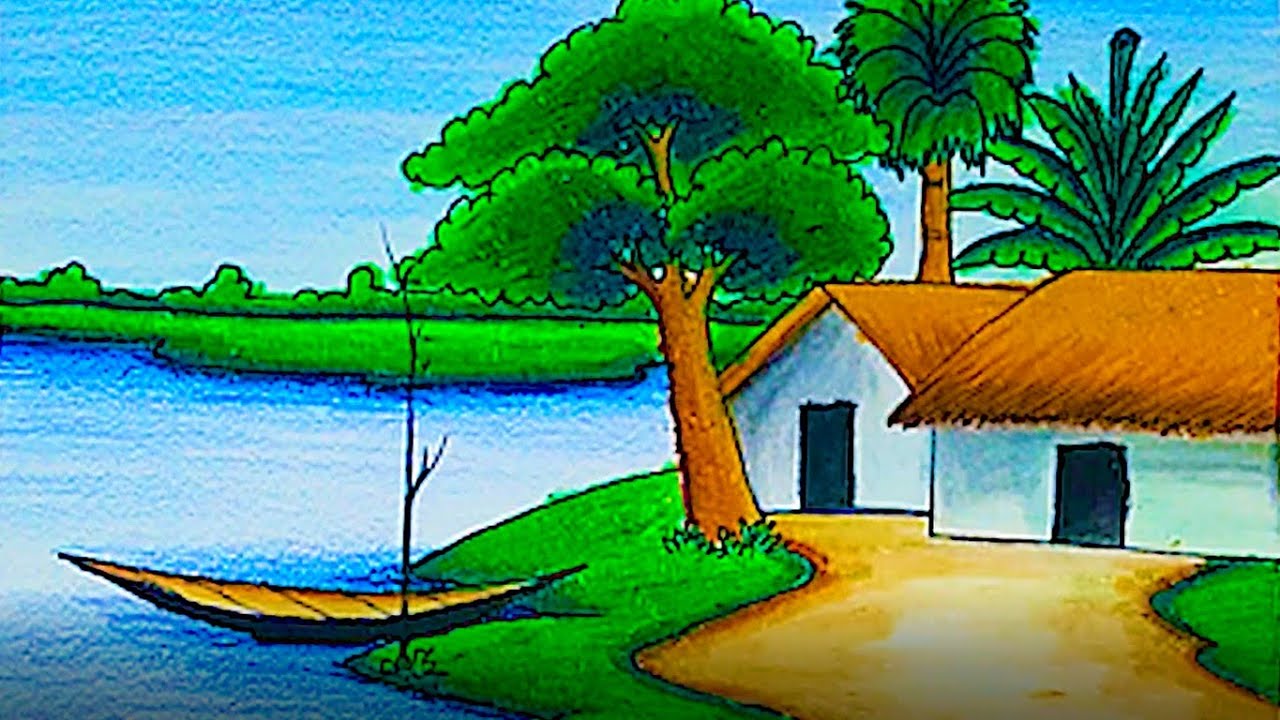 How to draw village scenery With oil pastel drawing