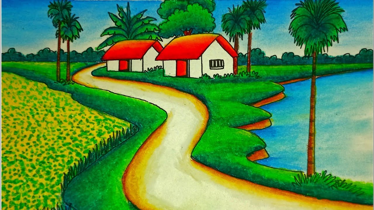 How to draw village scenery With oil pastel|Indian village scenery painting|Landscape Drawing