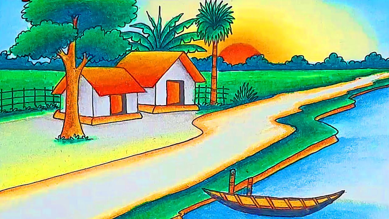 How to draw village scenery near river side step by step easily | Drawing | droning video