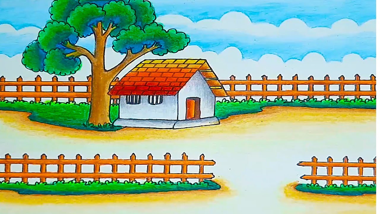 How to draw village scenery with oil pastel || Landscape drawing | Oil pastel drawing nature scenery