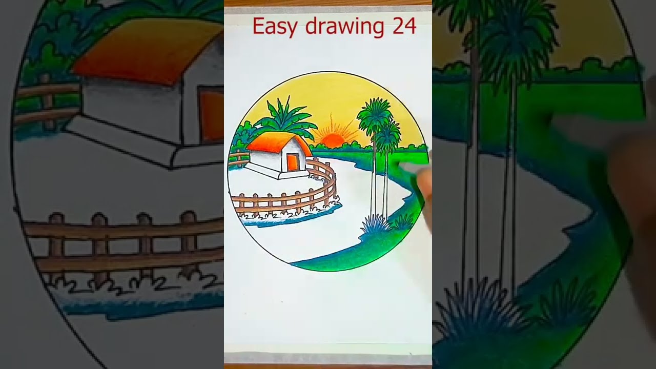 How yo draw village scenery painting easy Step by step #easy_drawing_24 #shorts
