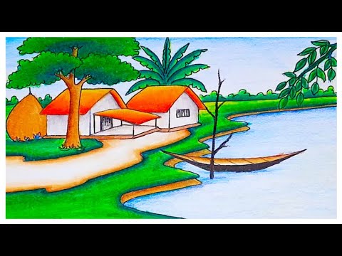 Indian Village Scenery Drawing Easy | Grammar drisho drawing | How to draw beautiful village scenery