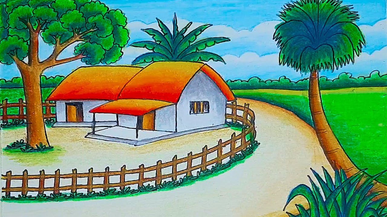 Indian Village scenery drawing Oil Pastel | Indian village life scenery drawing| nature Scenery draw