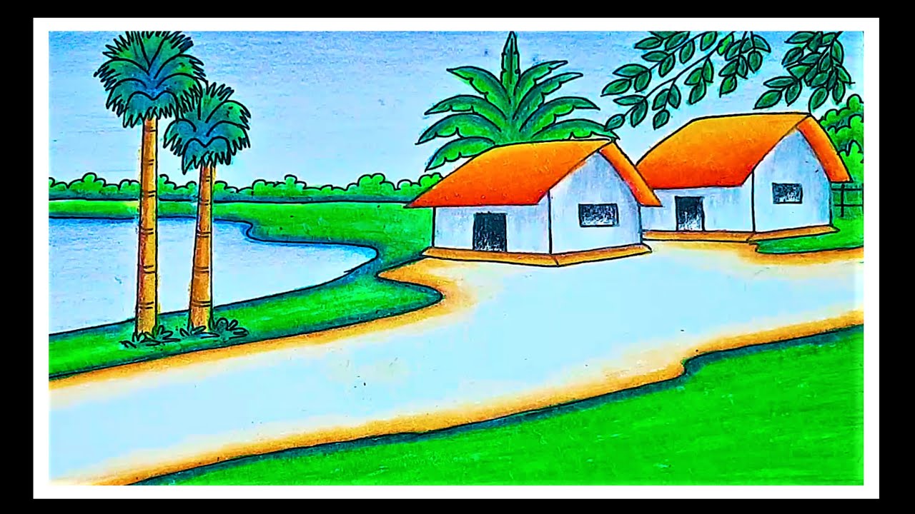 Indian Village scenery drawing with oil pastel | drawing beautiful nature | Village house drawing
