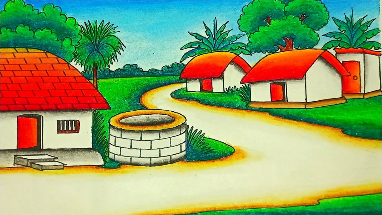 Indian village scenery drawing With Nature scene painting | Drawing beautiful village house scenery