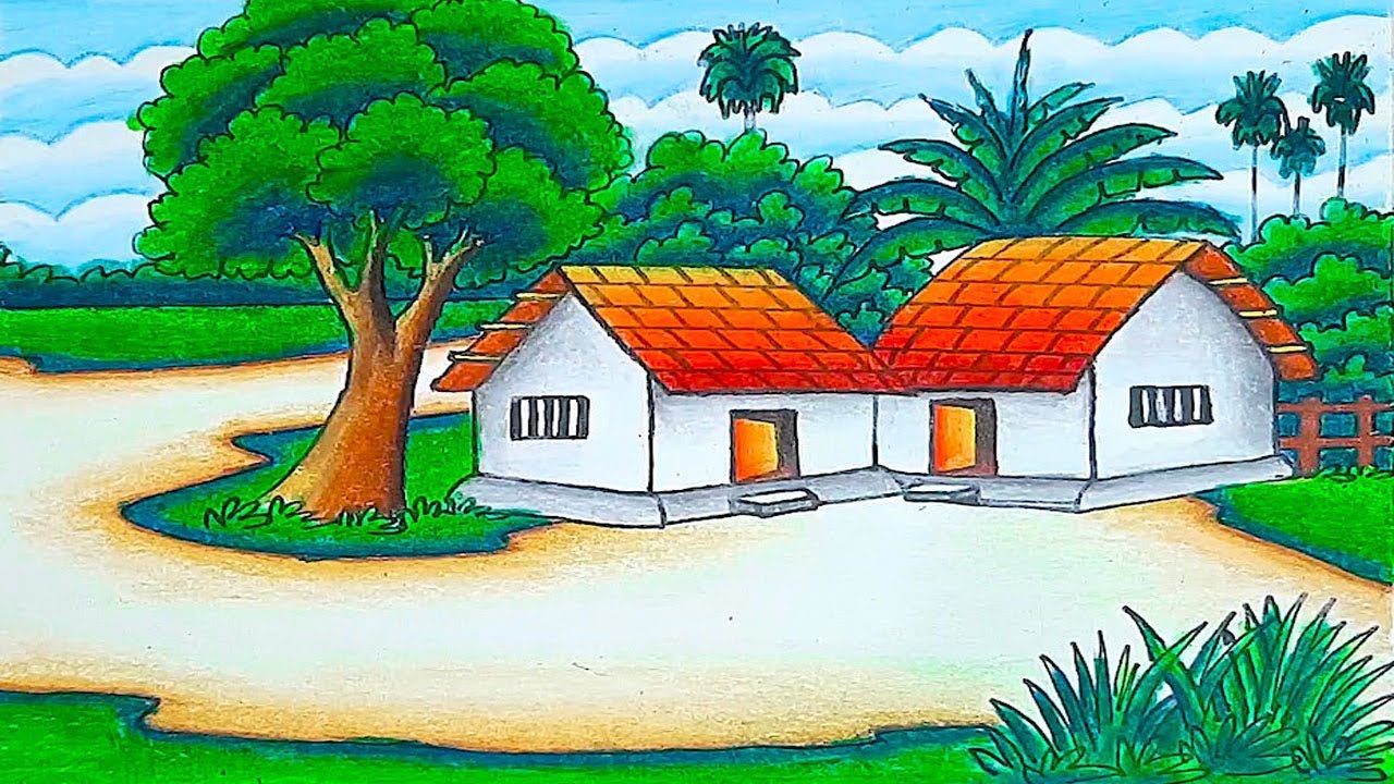 Indian village scenery drawing |beautiful village scenery painting very easy |nature village scenery